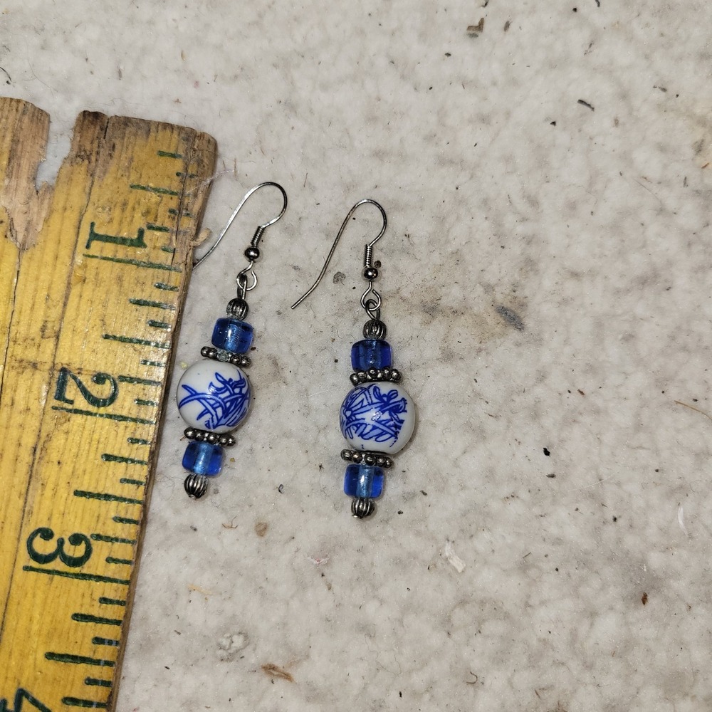 Blue White Porcelain Style Beaded Dangle Earrings Handmade Glass Bead Boho - Picture 2 of 3